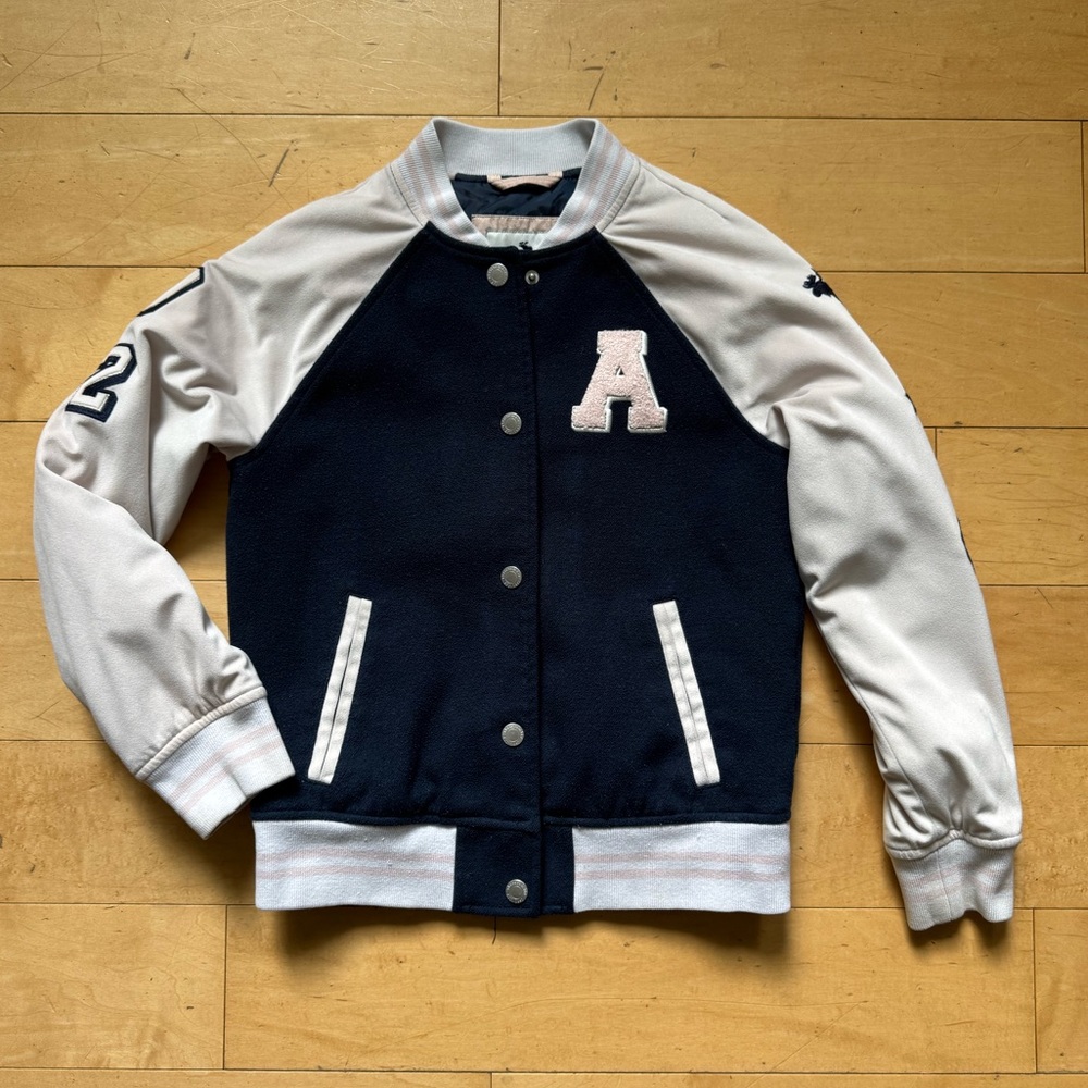 Abercrombie Kids Snap Front Letterman Varsity Jacket Navy Blue Pink sz 11/12